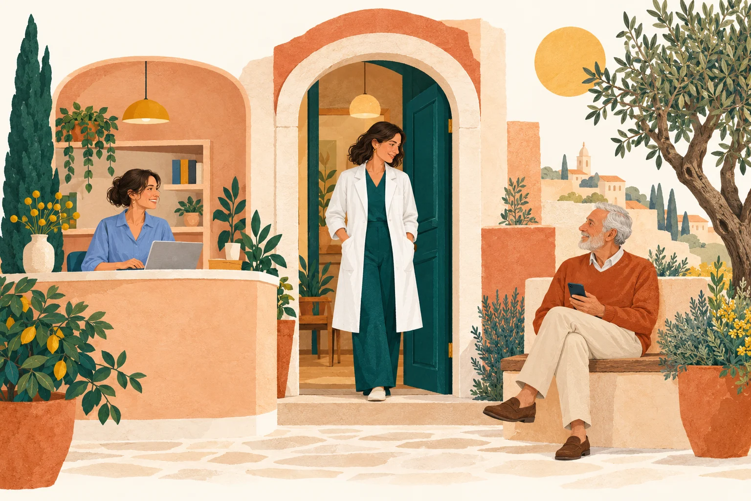 Una dottoressa, un’assistente e un paziente in uno studio di quartiere italiano, illustrati con colori caldi.