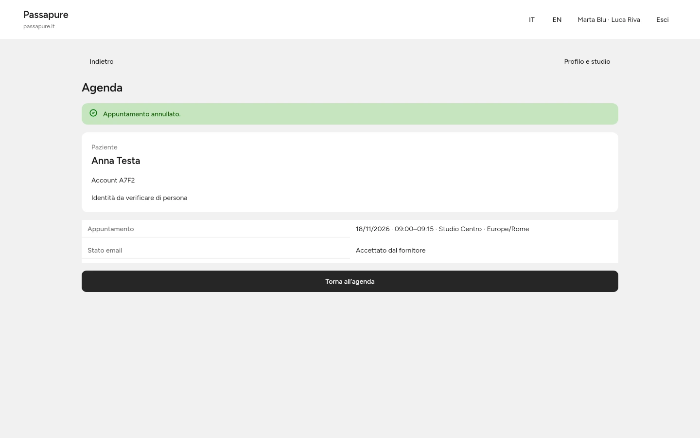 Il risultato conferma la cancellazione e distingue lo stato della notifica.