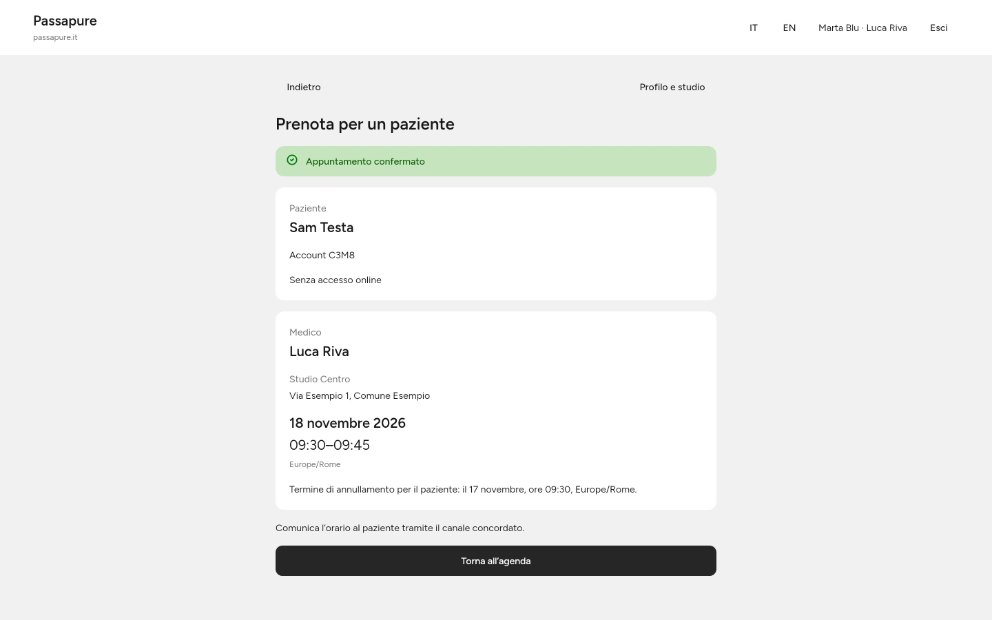 Solo il risultato di conferma indica che l’appuntamento è stato registrato.