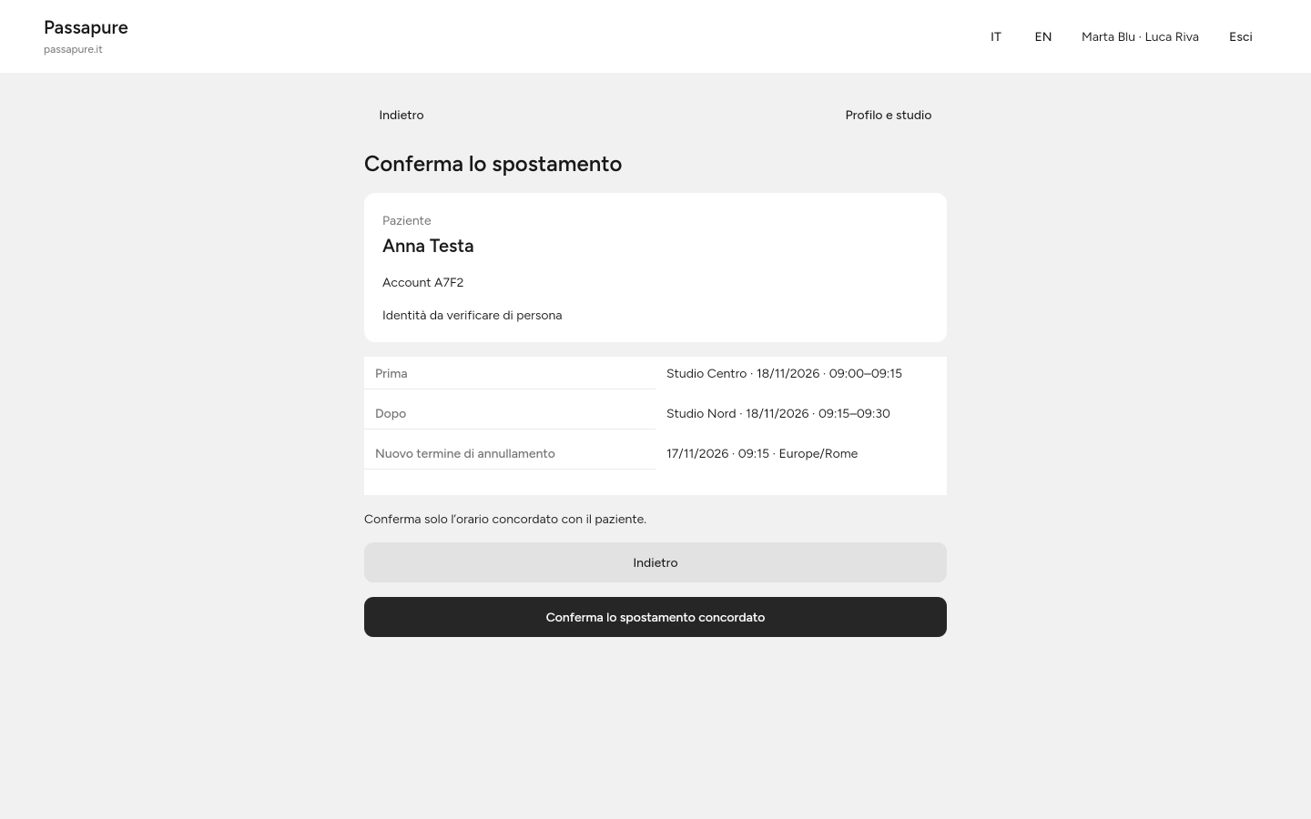 Il riepilogo mostra il vecchio e il nuovo appuntamento prima della conferma.