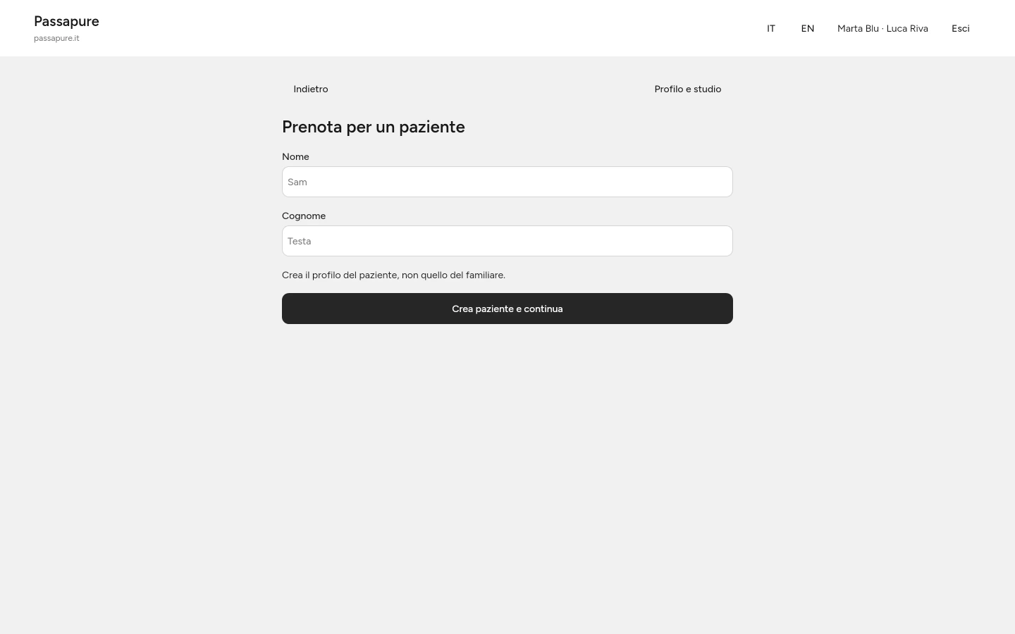 Per una persona senza accesso online, inserisci nome e cognome; l’email non è richiesta.