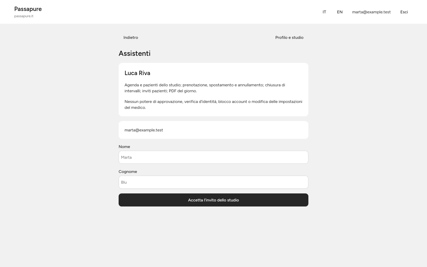 Prima di accettare, controlli il medico, il tuo account e i permessi previsti.