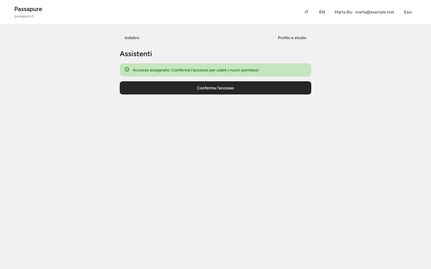 Dopo l’attivazione, è richiesta una nuova conferma dell’accesso per usare i permessi.