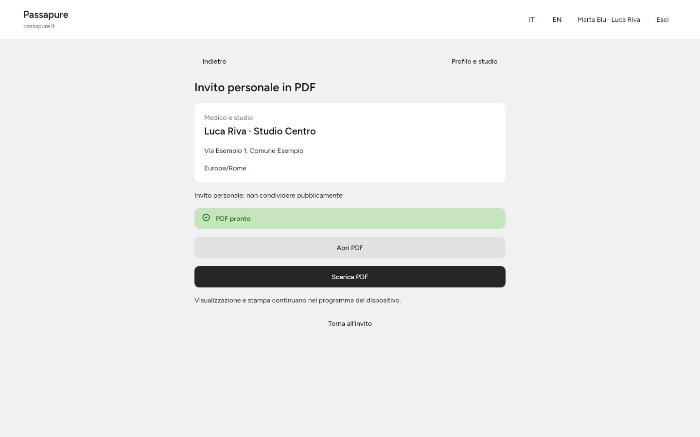 Il documento dell’invito personale può essere consegnato al paziente. Il QR apre l’invito personale.