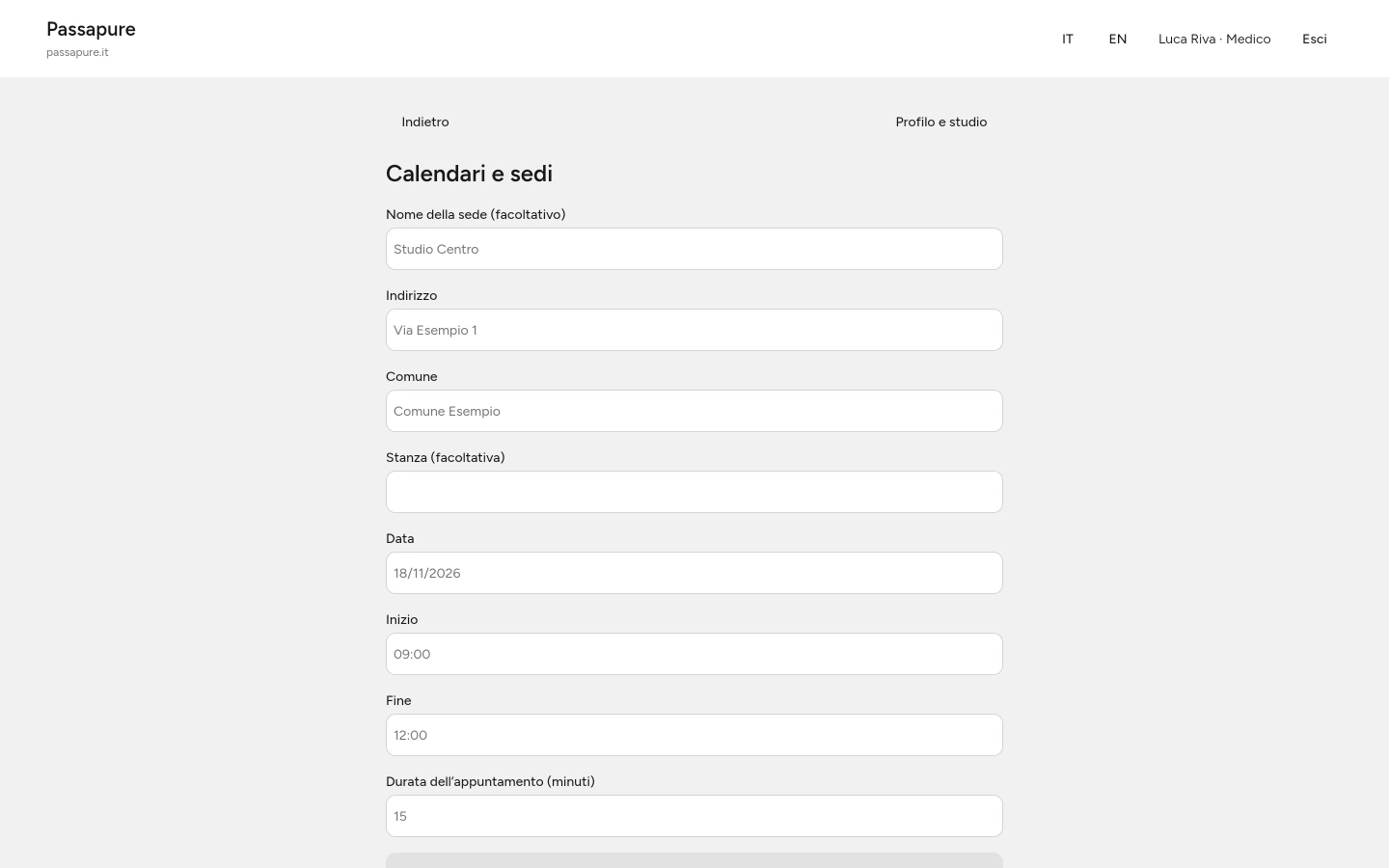 Il medico configura il calendario del luogo di ricevimento.