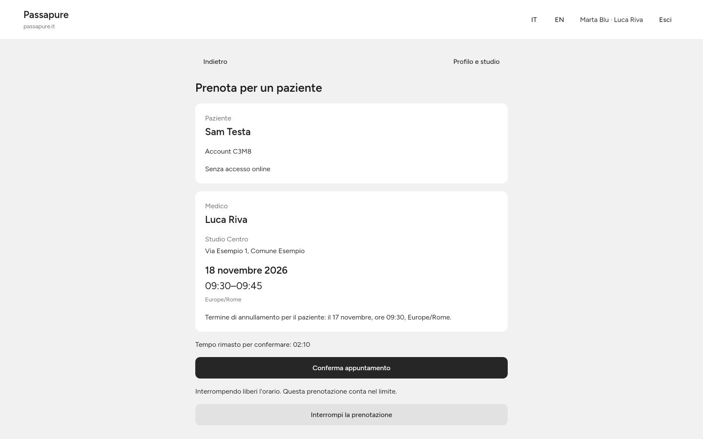 Il personale controlla paziente, luogo e orario prima della conferma.