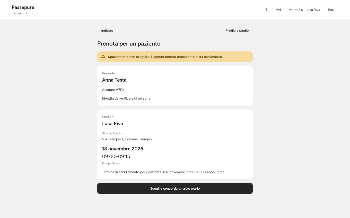 Se la modifica non riesce, l’appuntamento originale viene mantenuto.