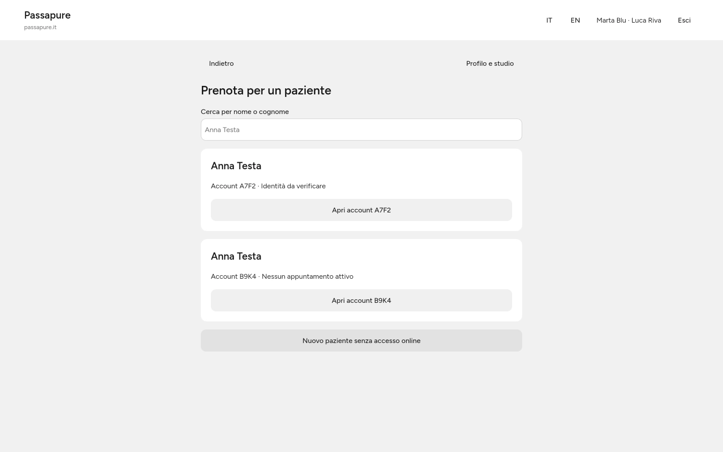 Il personale cerca e seleziona l’account della persona che verrà in studio.