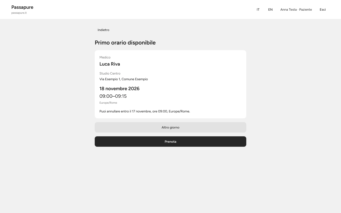 Vista del paziente: proposta del primo orario disponibile nella modalità sequenziale.