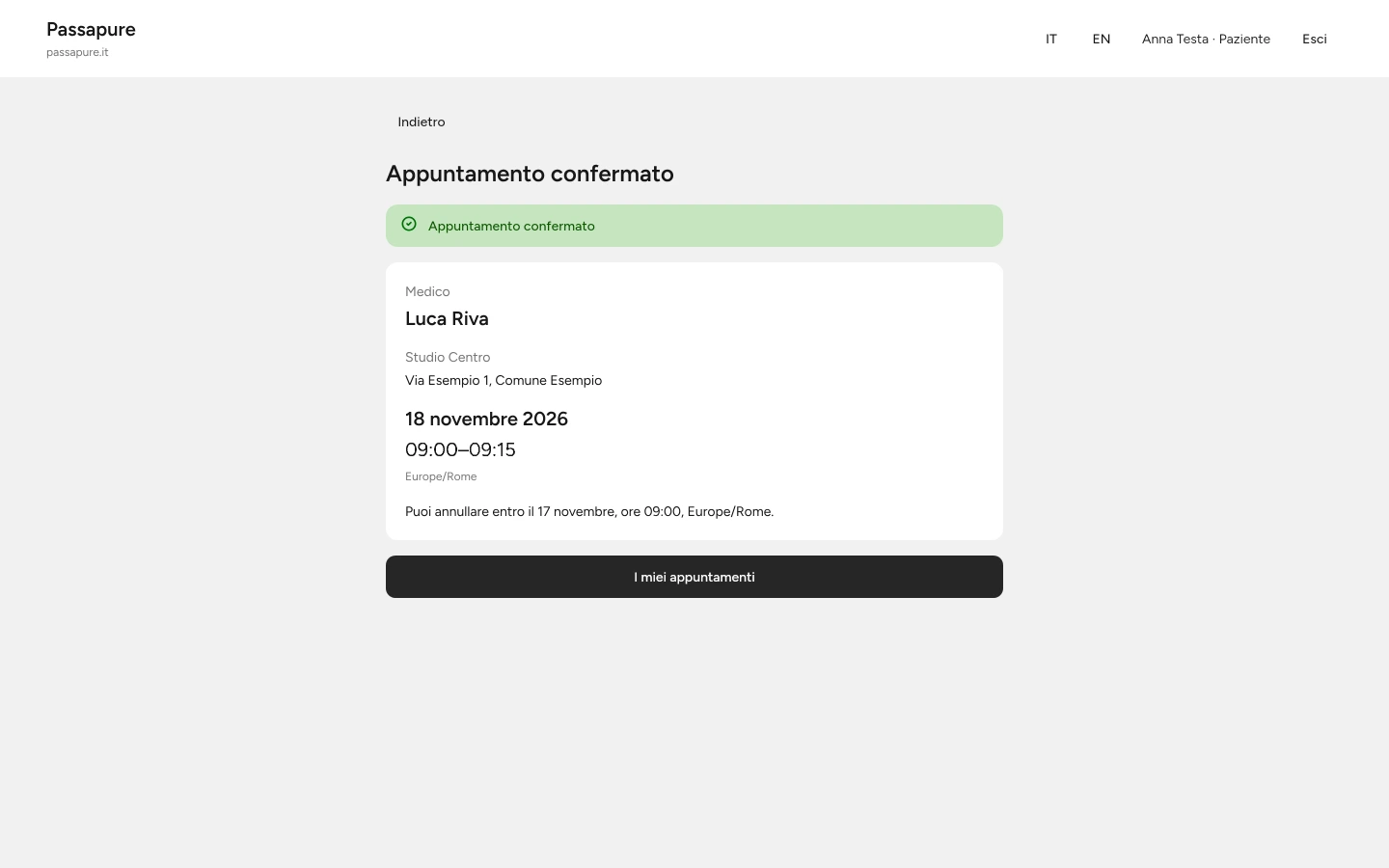 Il risultato di conferma indica che l’appuntamento è stato registrato.