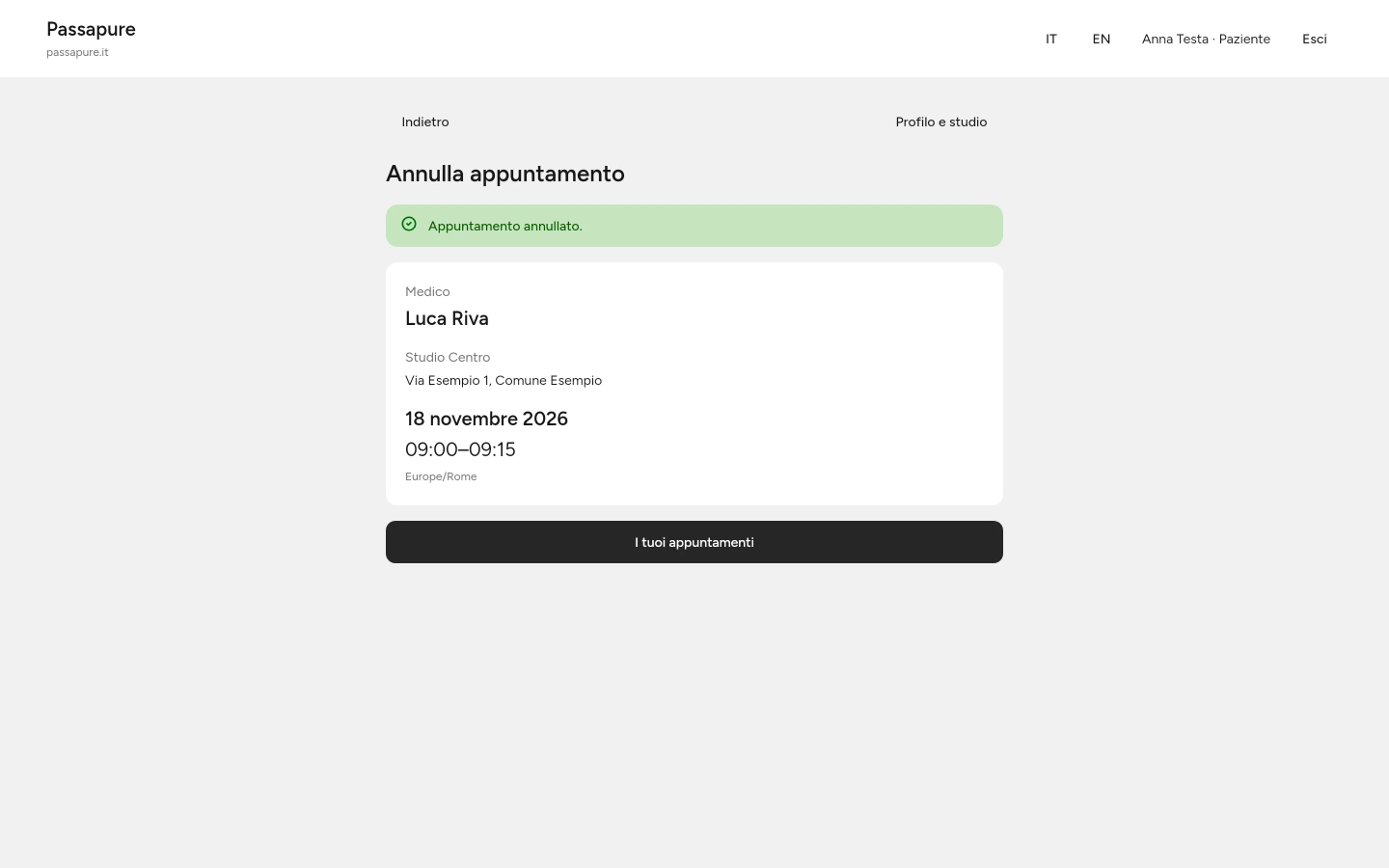 Il risultato conferma che l’appuntamento è stato cancellato.
